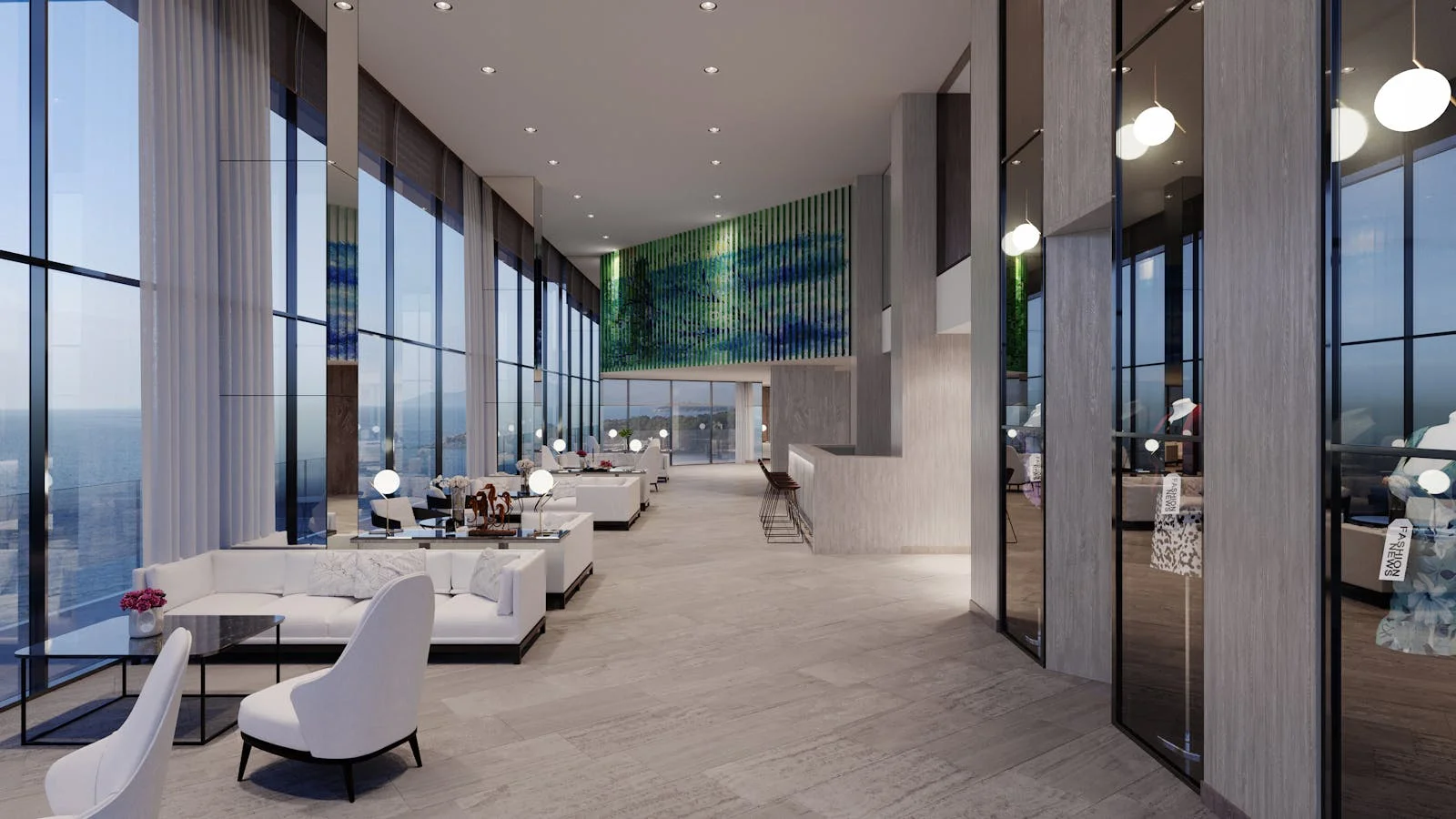 Modern hotel lobby with sleek reception desk